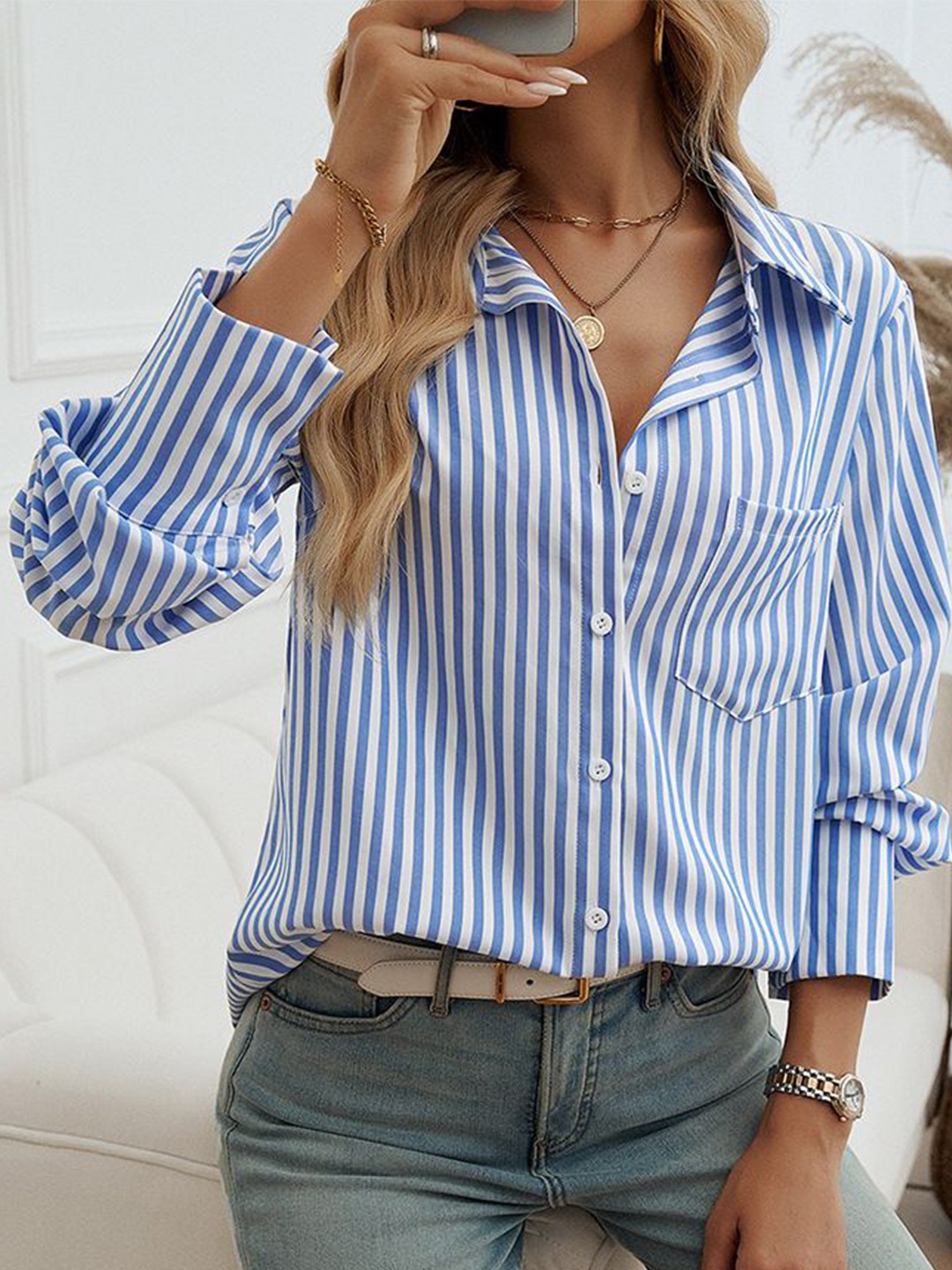 

StyleCast Women Vertical Striped Shirt Collar Top, White