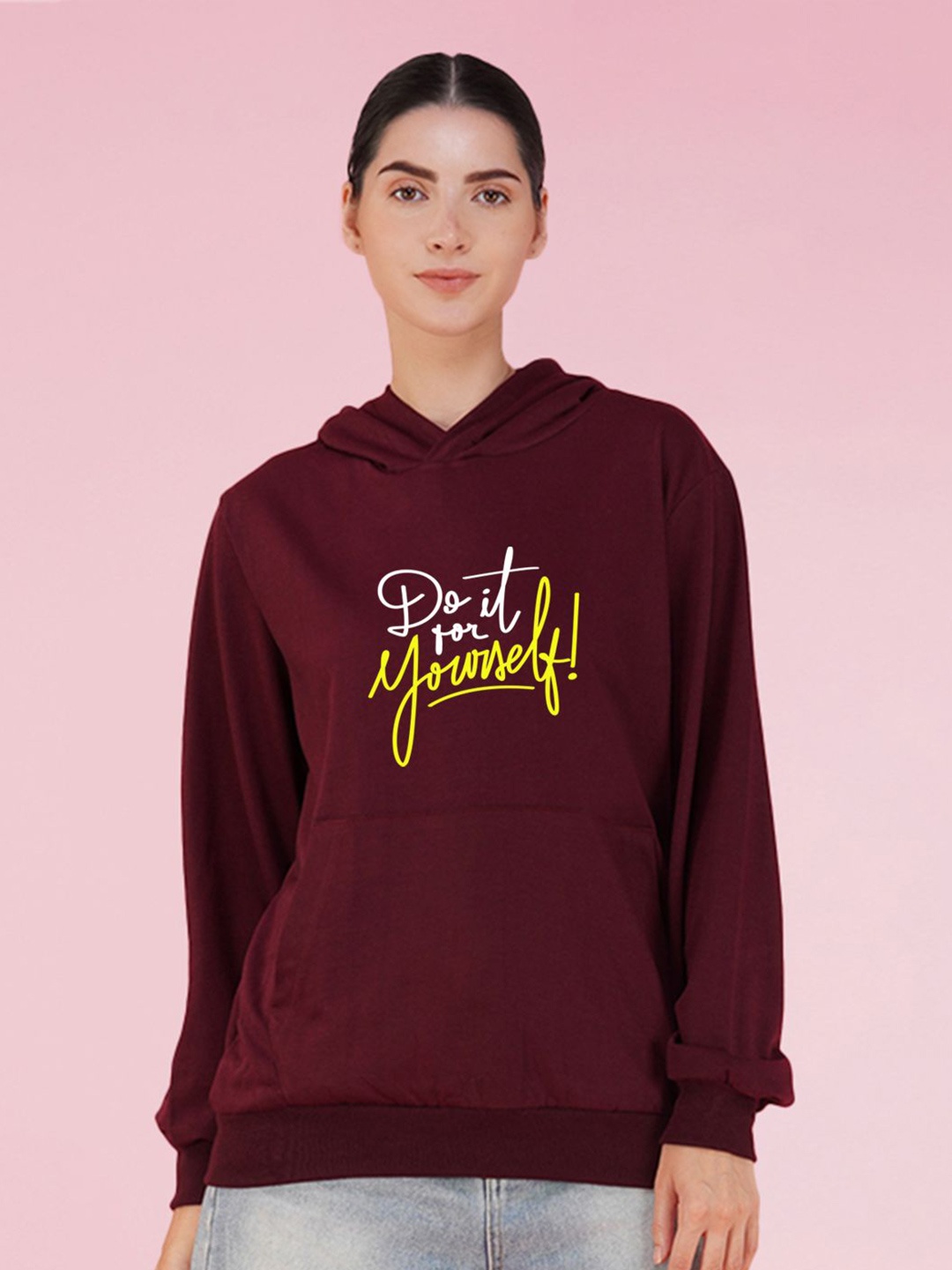 

NUSYL Women Typography Printed Hood Fleece Pullover Oversized Sweatshirt, Maroon