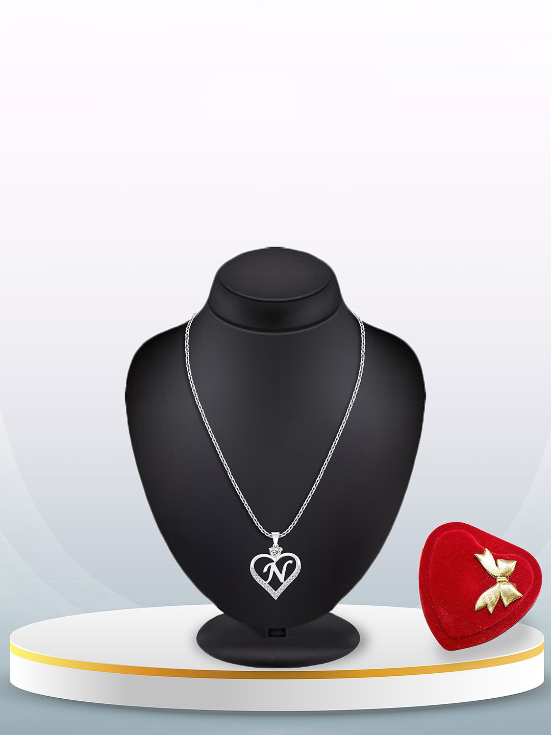 

Heer Collection Silver-Plated Stainless Steel CZ N Letter Heart Shaped Pendant With Chain