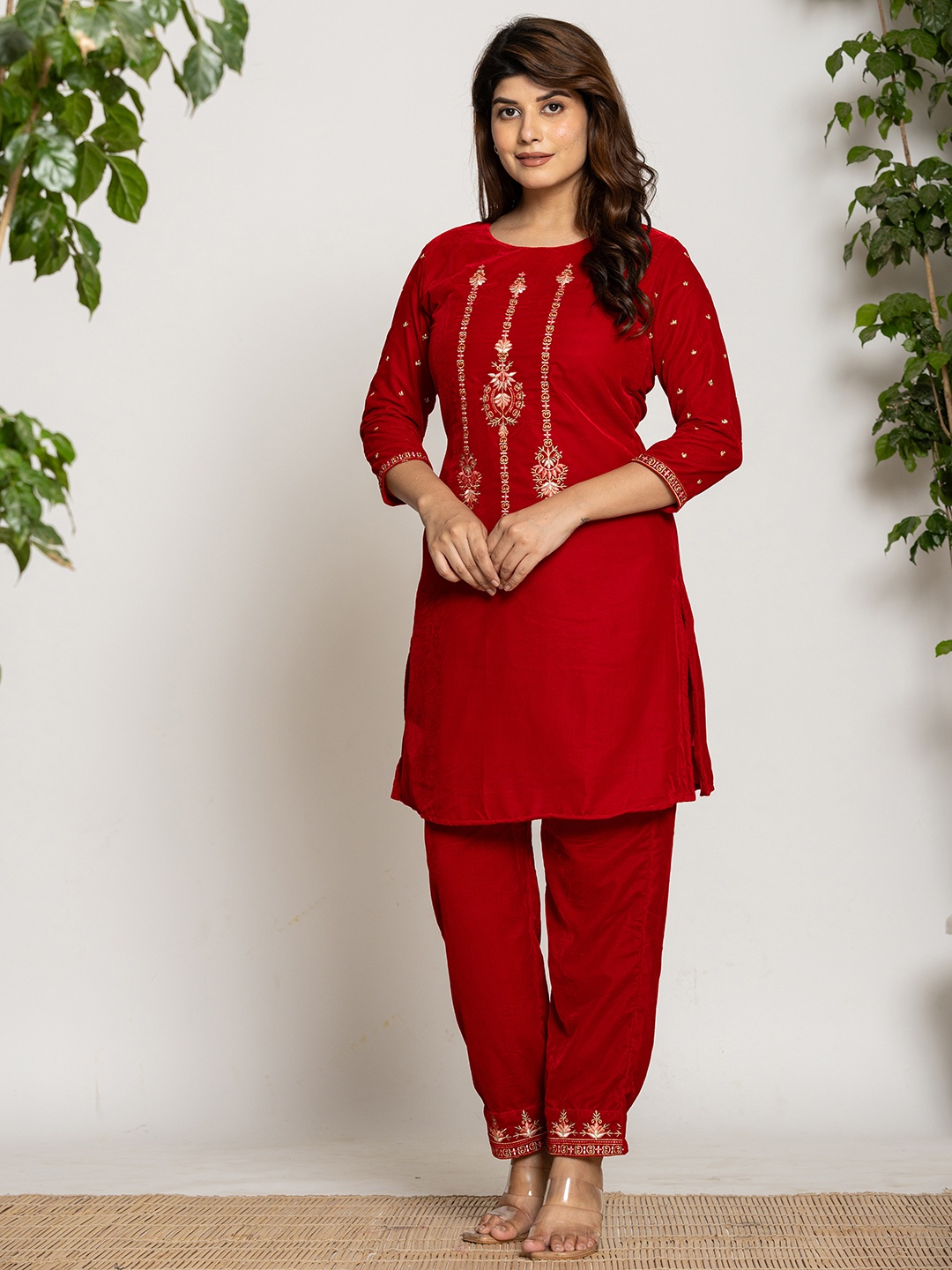 

Yufta Red Embroidered Round Neck Three-Quarter Sleeves Top & Trouser