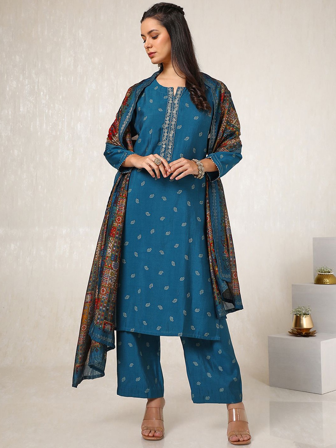 

Soch Ethnic Motifs Embroidered Thread Work Straight Kurta with Palazzos & Dupatta, Blue