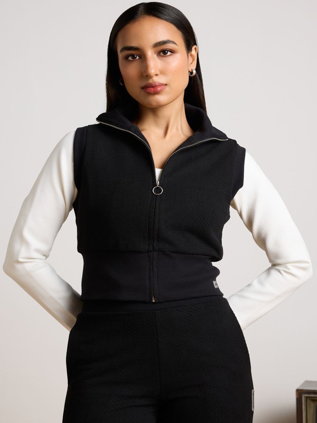 

Muvazo Women Mock Collar Solid Cotton Casual Sporty Jacket, Black