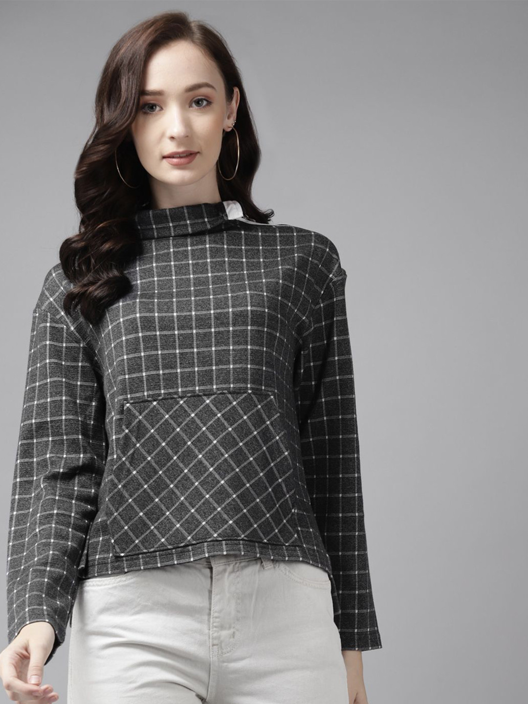 

Cayman Women Checked Turtle Neck Cotton Pullover Sweatshirt, Charcoal