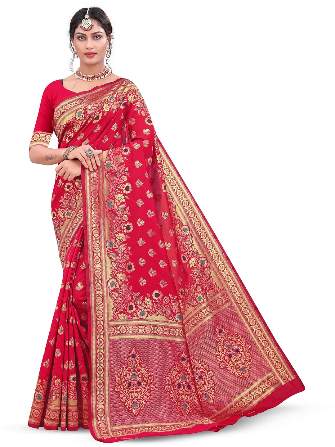 

Maroosh Floral Zari Silk Blend Banarasi Saree, Pink