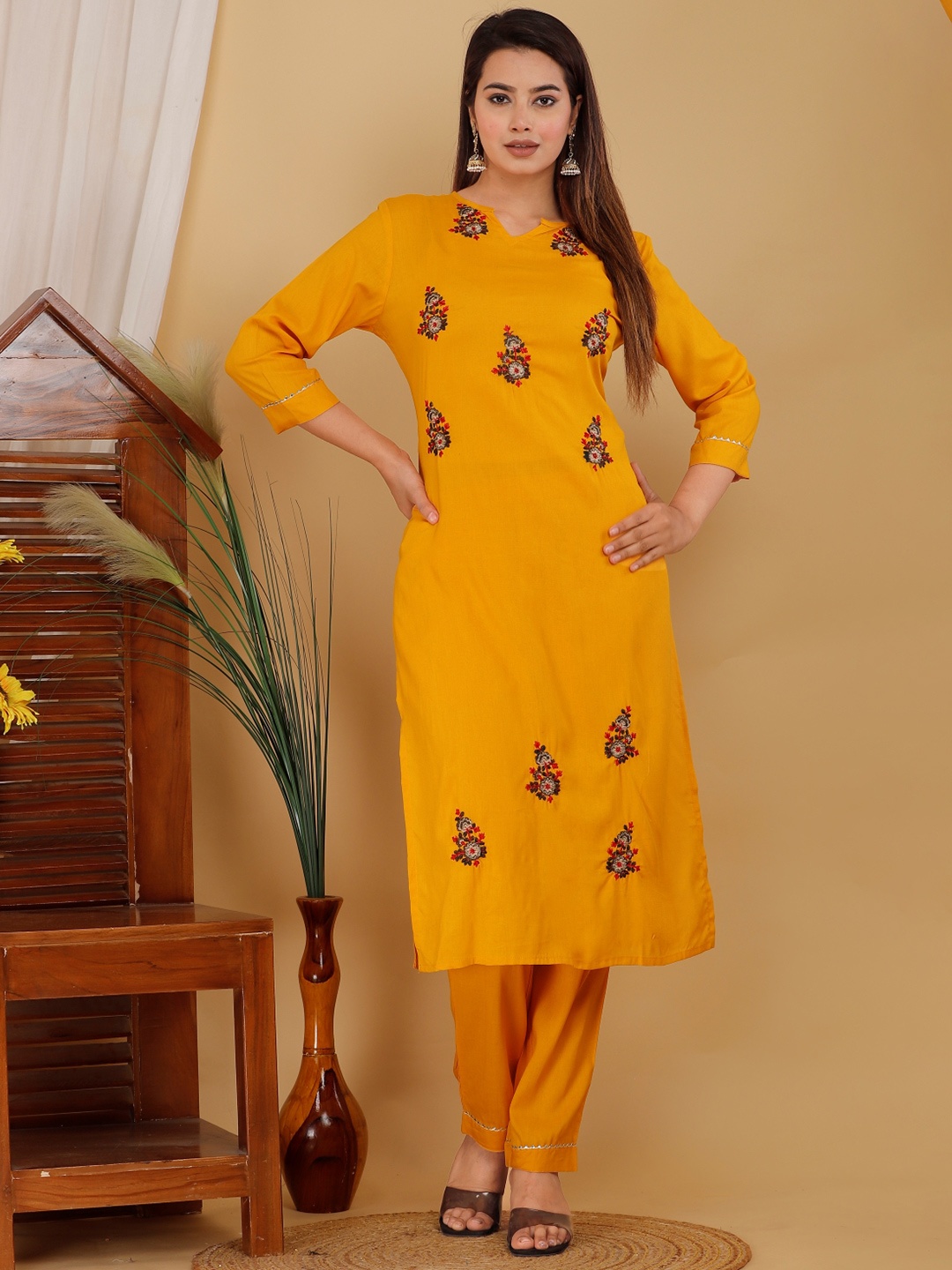 

Mehsoos Ethnic Motifs Embroidered Thread Work Straight Kurta With Trousers, Yellow