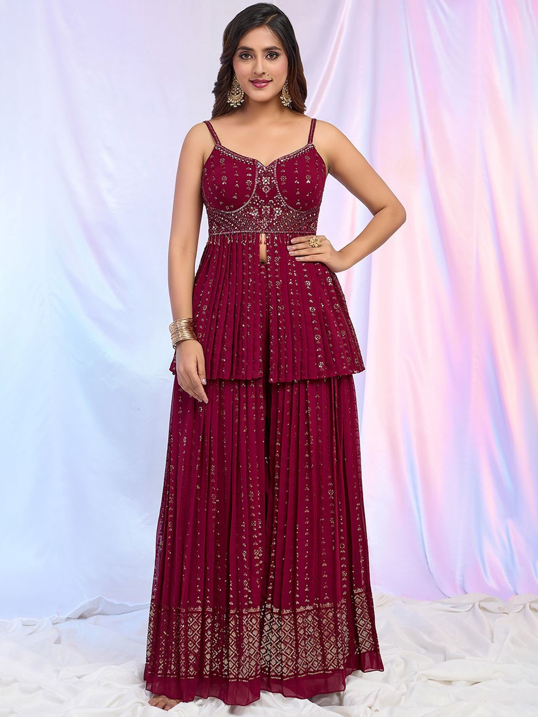 

Alaya Advani Ethnic Motifs Embroidered Empire Sequinned Kurti With Sharara & Dupatta, Maroon