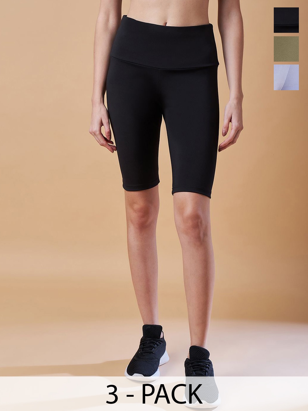 

COLOR CAPITAL Women Pack Of 3 Above Knee Gym Tights, Black