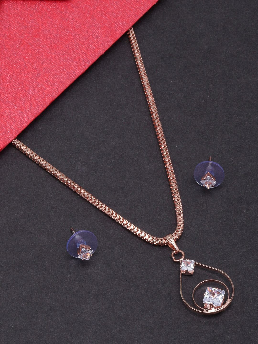 

KPOP Rose Gold-Plated CZ Stone Studded Necklace & Earrings