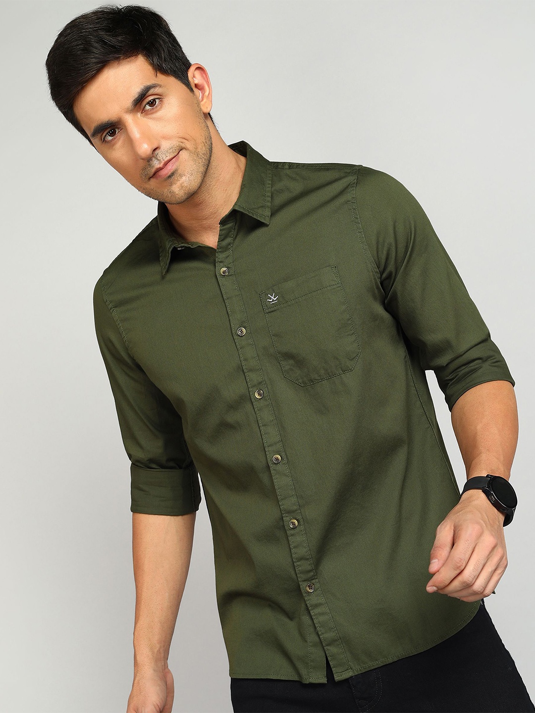 

WROGN Men Spread Collar Solid Cotton Casual Shirt, Olive