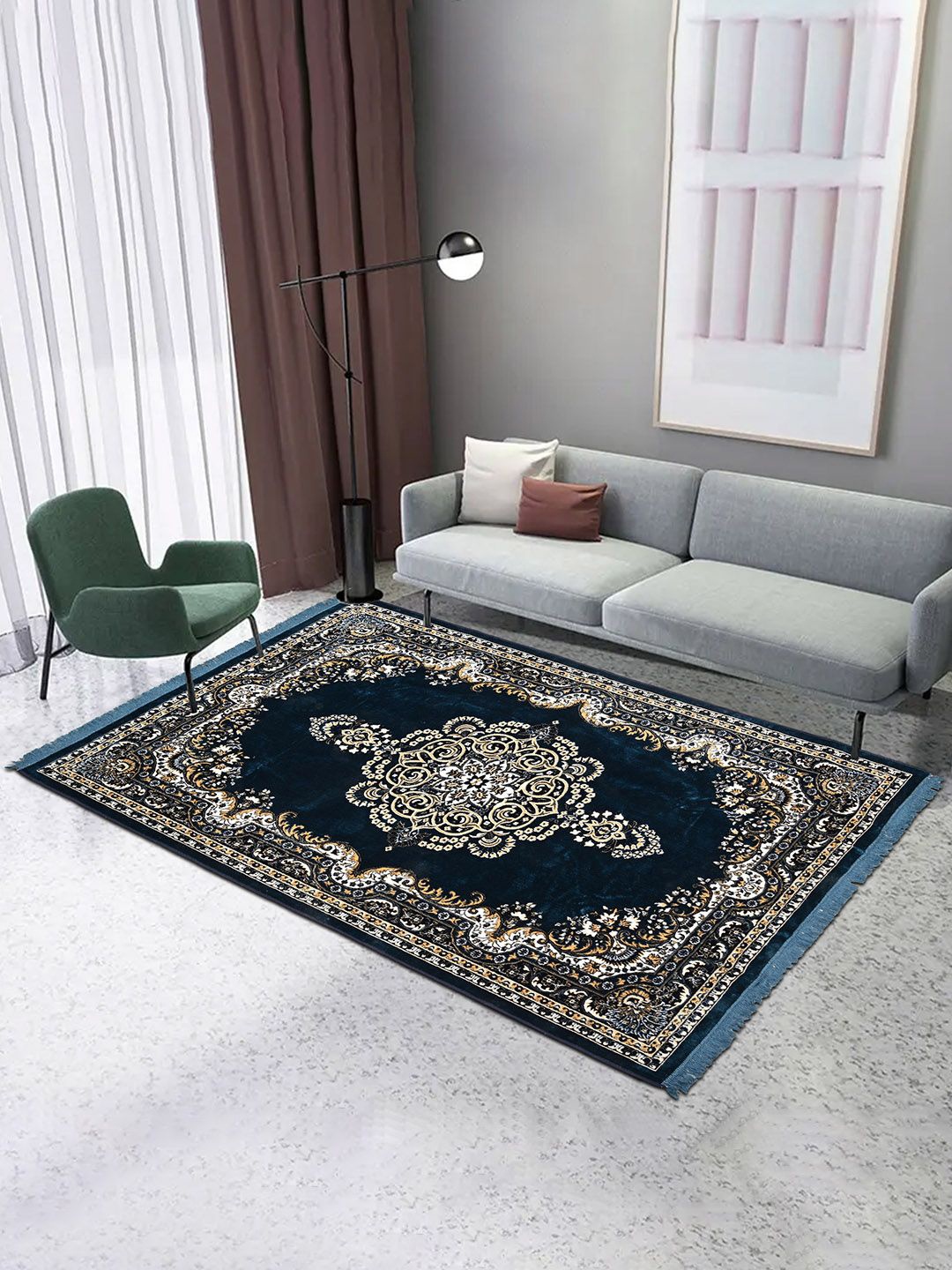 

Kuber Industries Navy Blue Ethnic Motifs Velvet Reversible Carpet