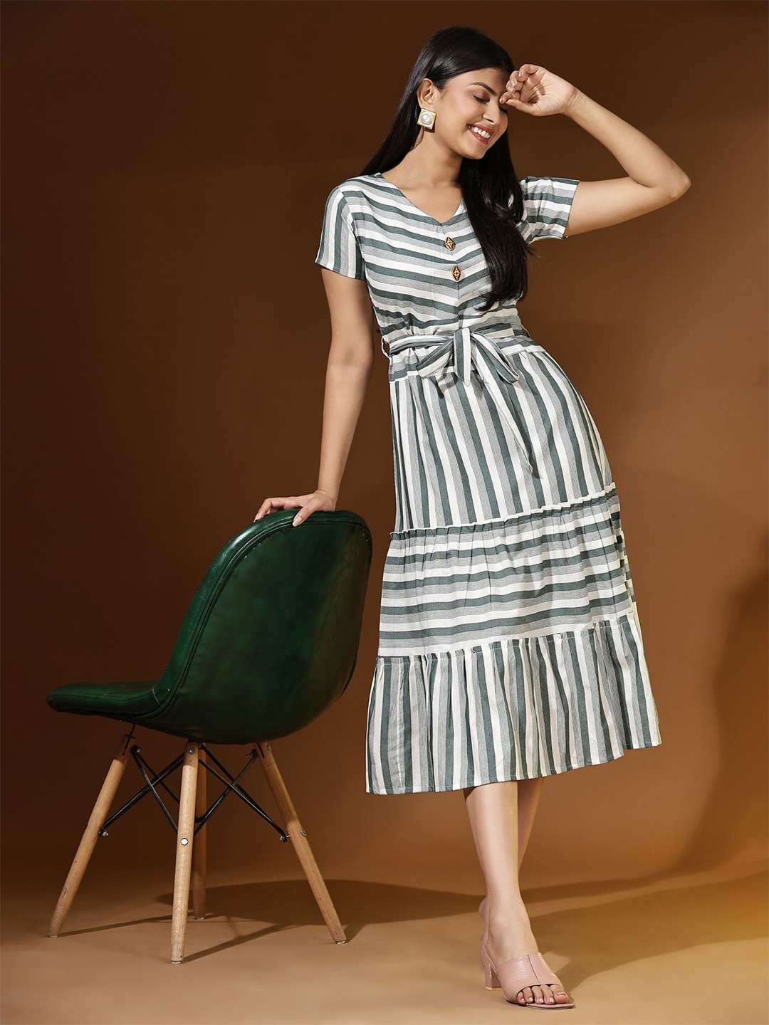 

GRANTH FASHION Striped A-Line Dress, White