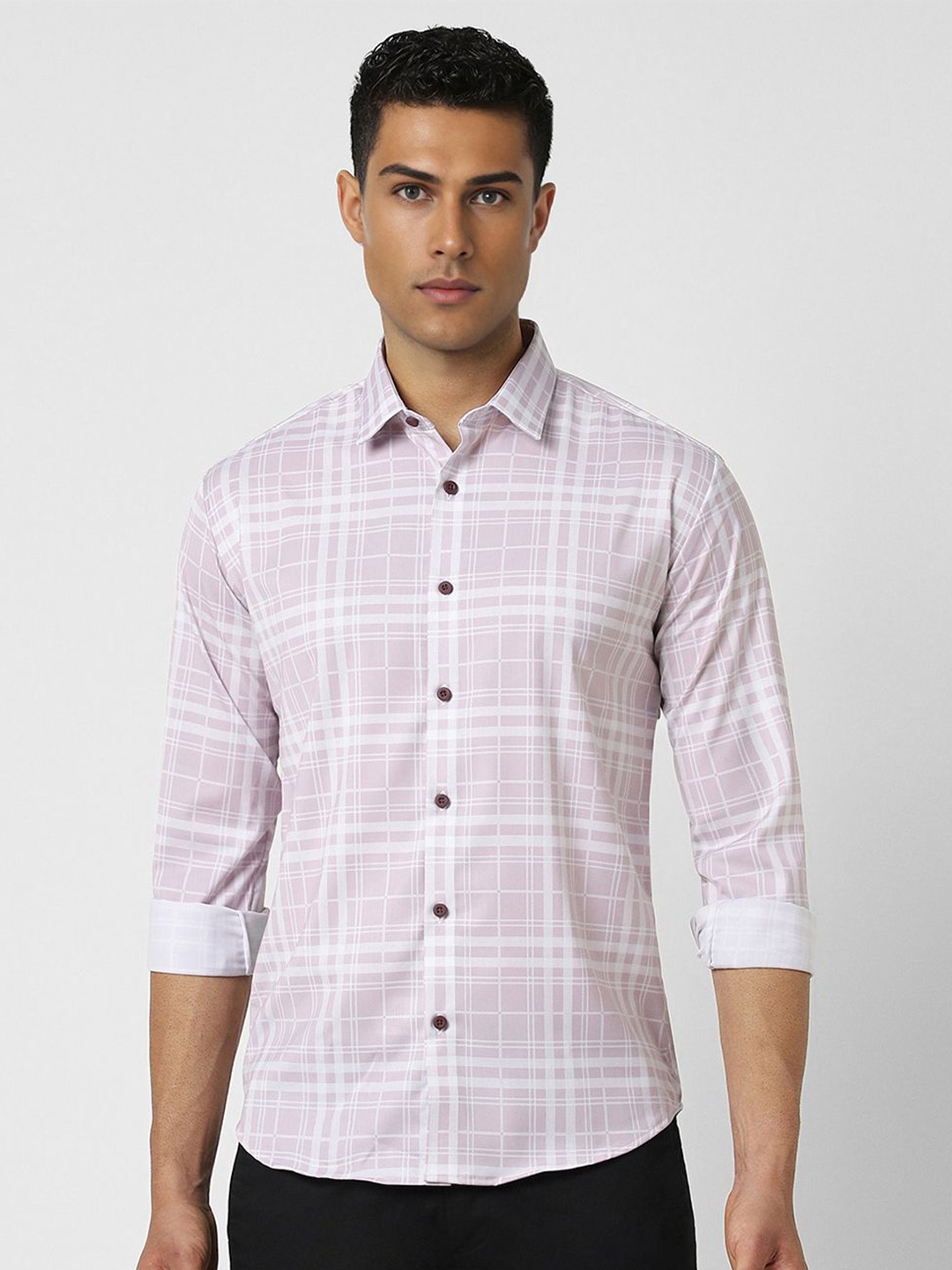 

V Dot Men Spread Collar Checked Slim Fit Casual Shirt, Lavender