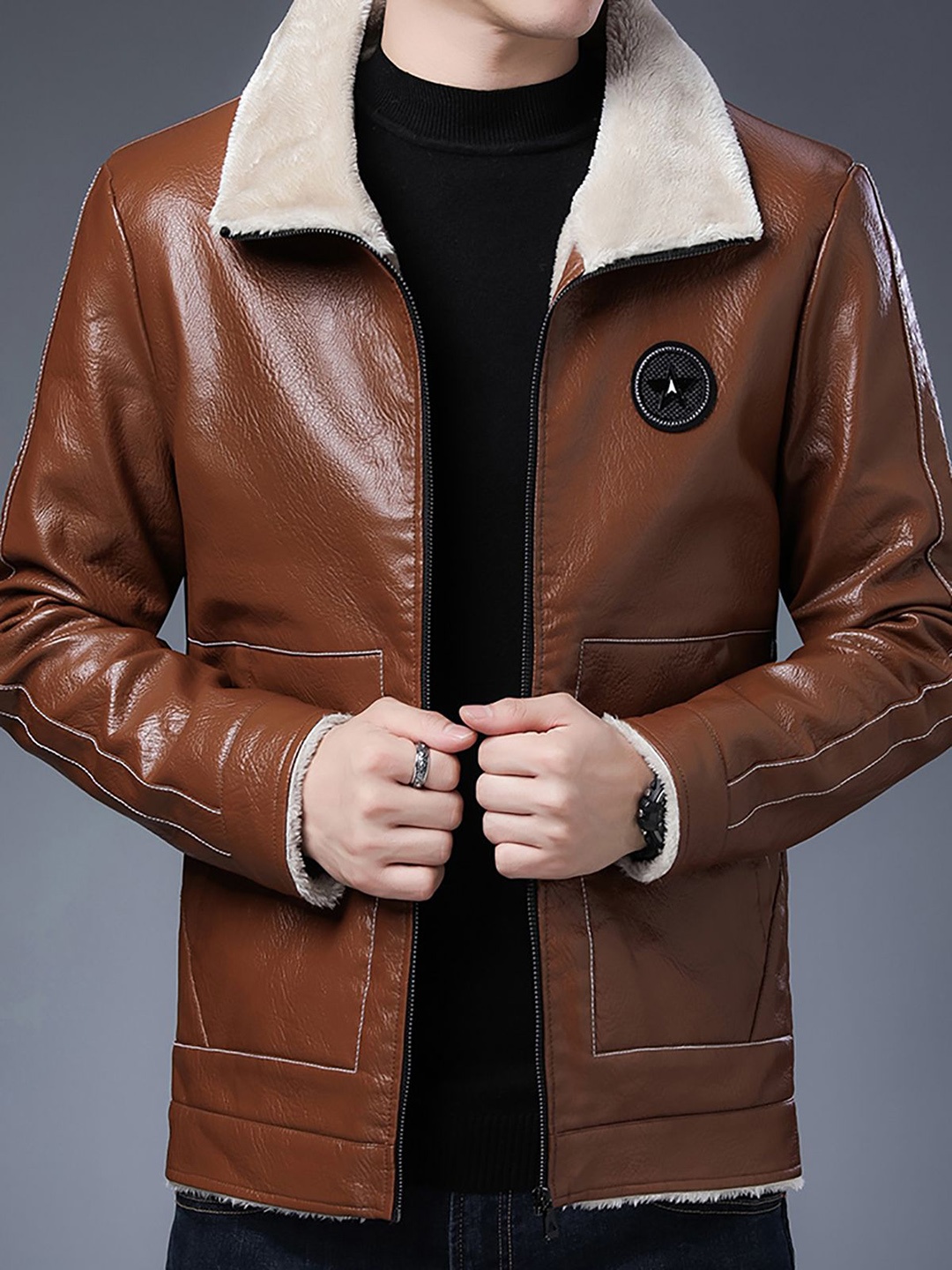 

StyleCast x Revolte Men Spread Collar Solid PU Casual Windcheater Jacket, Brown