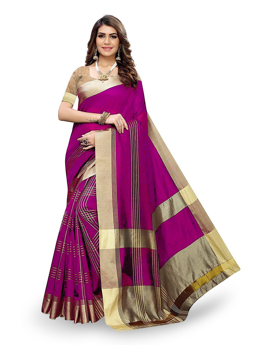 

Maroosh Striped Zari cotton Saree, Pink