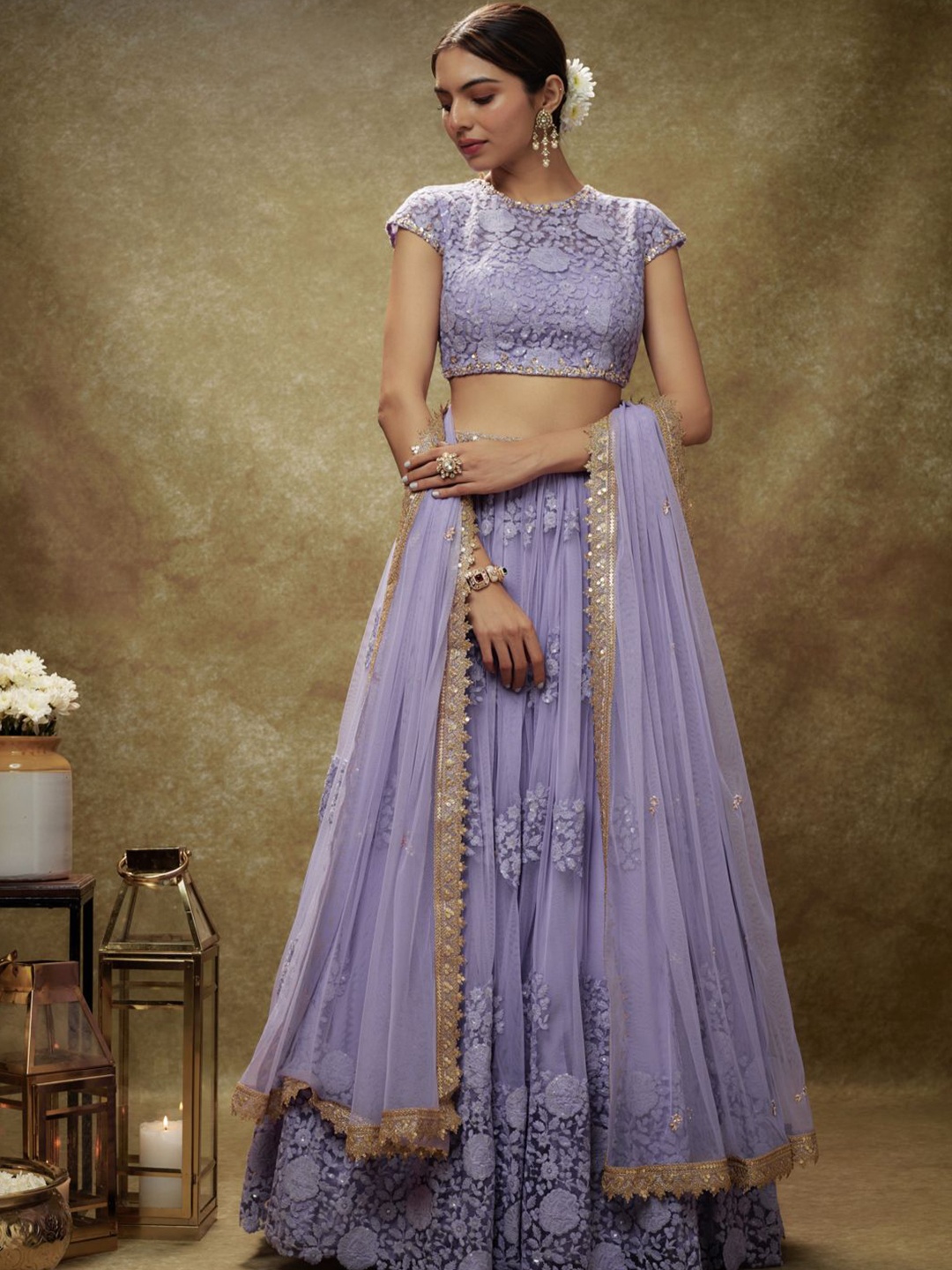 

Renee Label Embroidered Ready to Wear Lehenga & Blouse With Dupatta, Purple