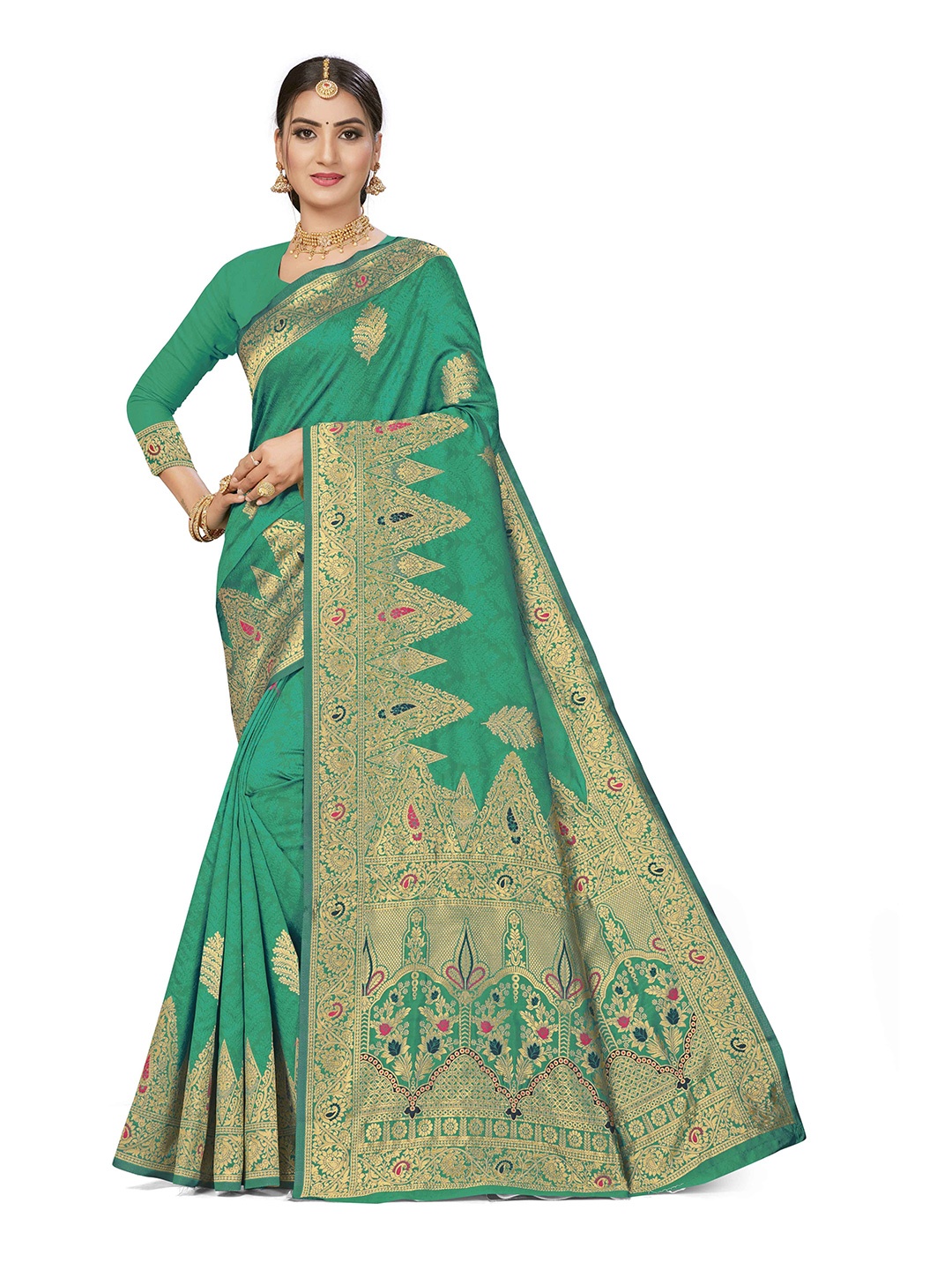 

Maroosh Floral Zari Silk Blend Banarasi Saree with unstitched blouse piece, Green