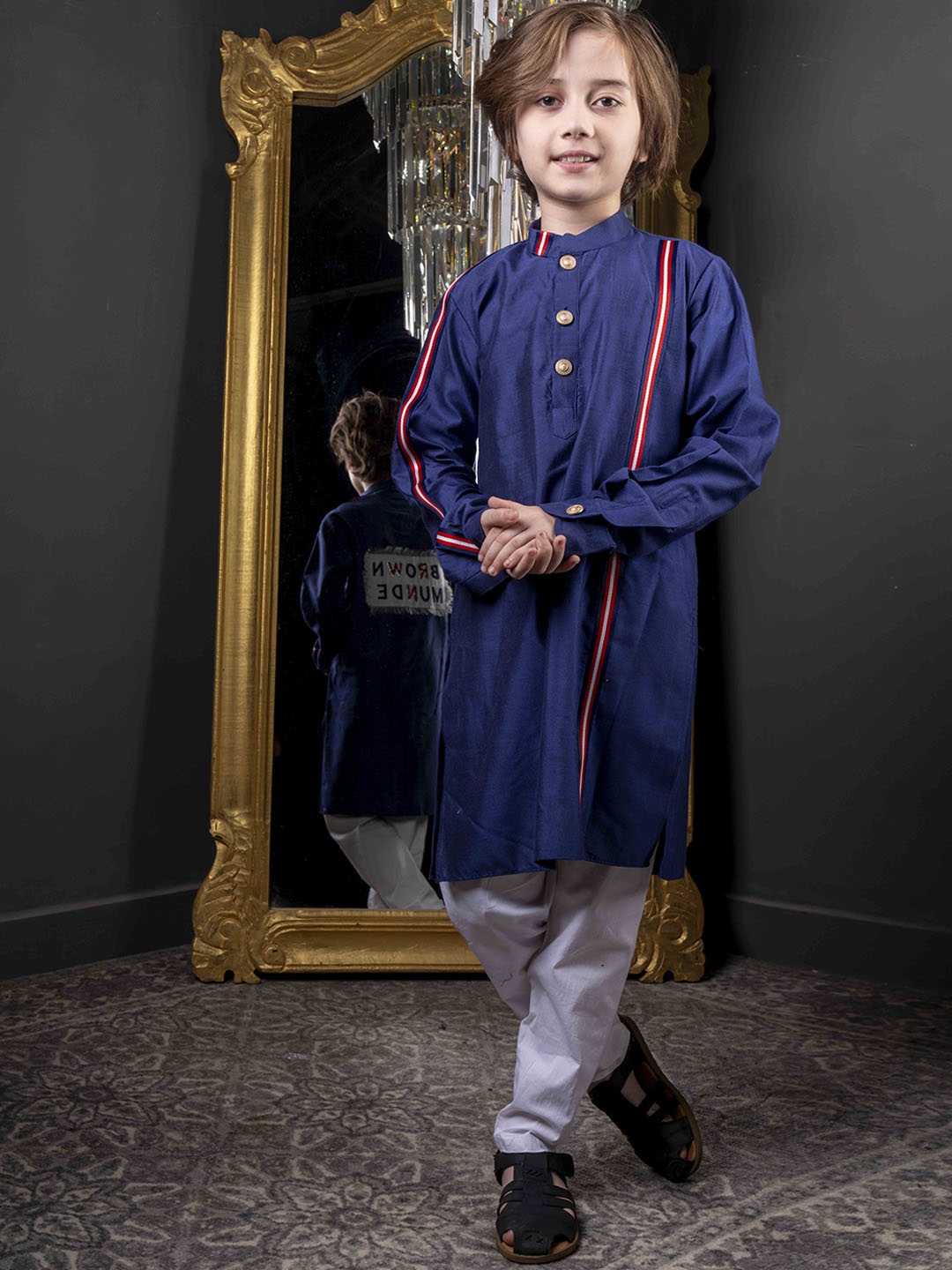 

HOITY MOPPET Boys Printed Mandarin Collar Kurta With Trousers, Blue