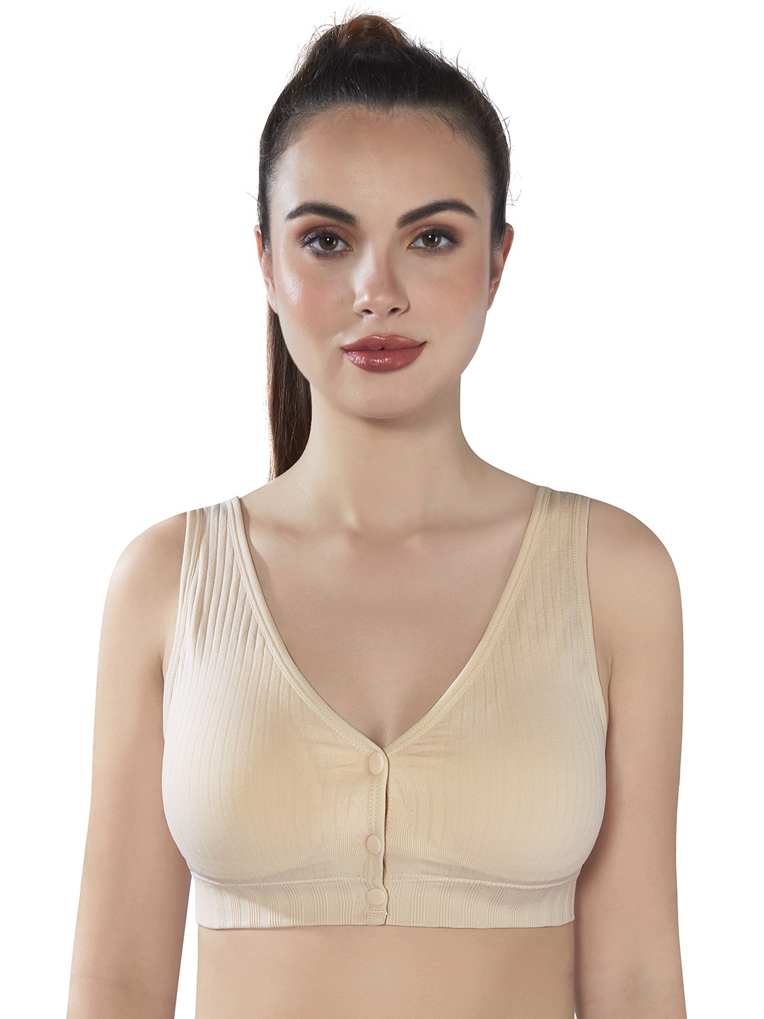 

PLUMBURY Full Coverage Lightly Padded Anti Microbial Front Button Open Maternity Bra, Beige