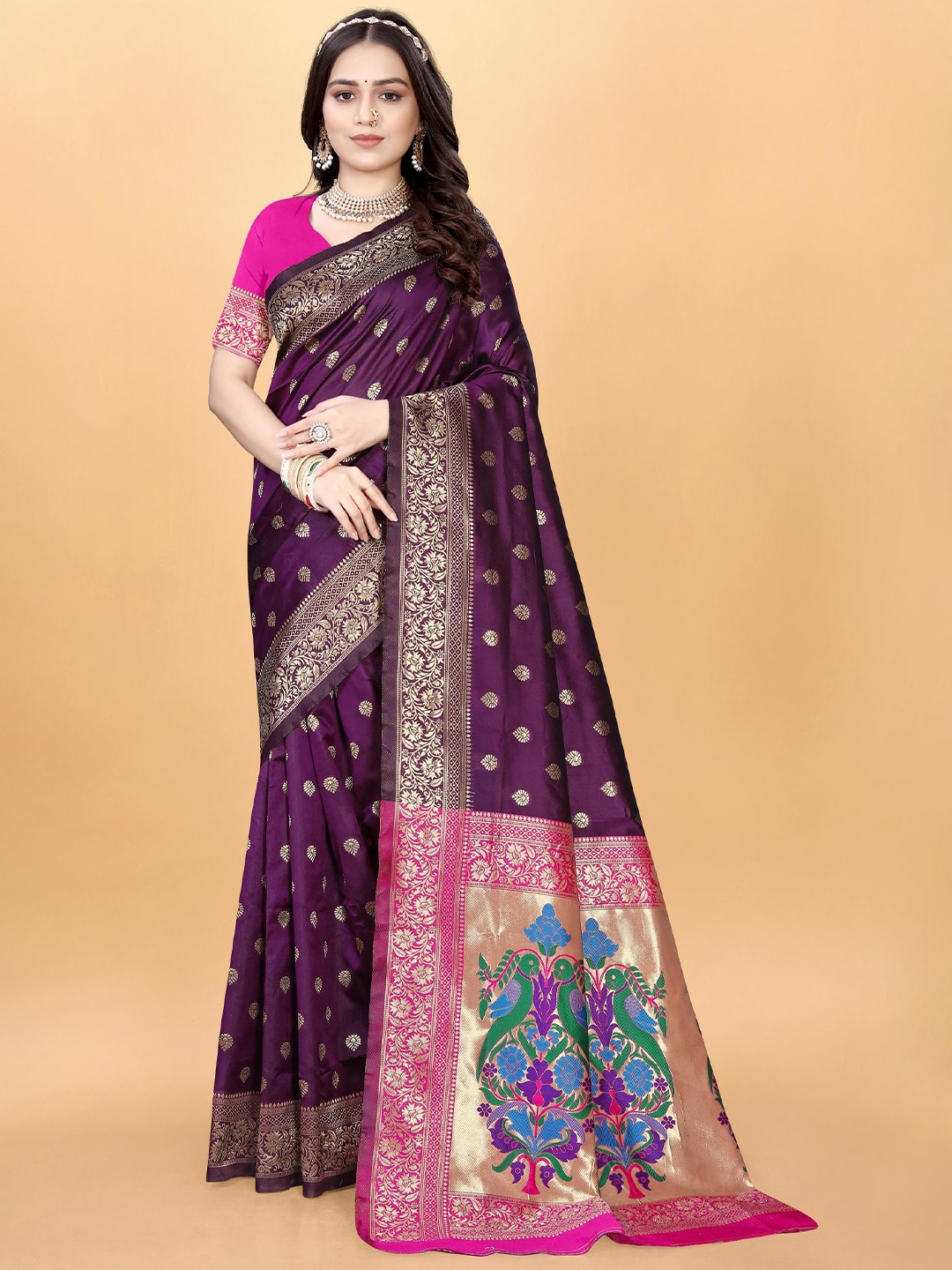 

VenderVilla Woven Design Zari Paithani Saree, Violet