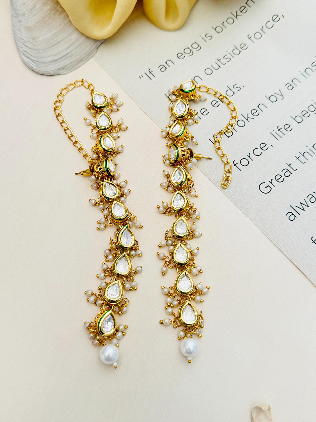 

ABDESIGNS Gold Plated Stone Studded & Beaded Classic Drop Earrings With Chain