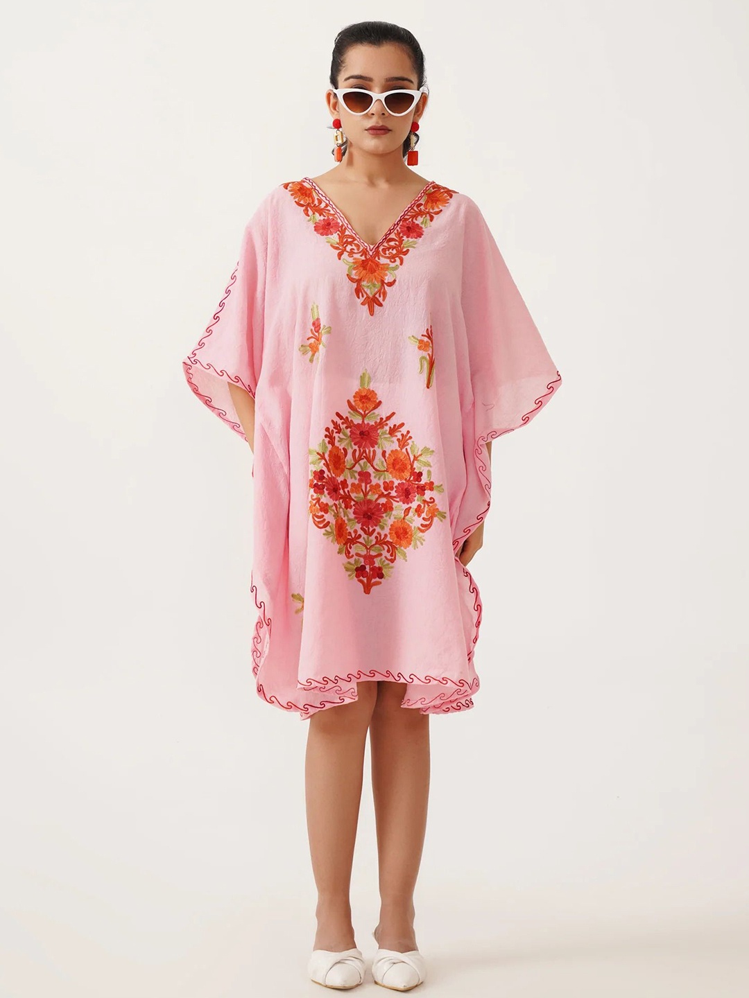 

Kashmir Box Women V-Neck Floral Embroidered Kimono Sleeve Kaftan Dress, Pink