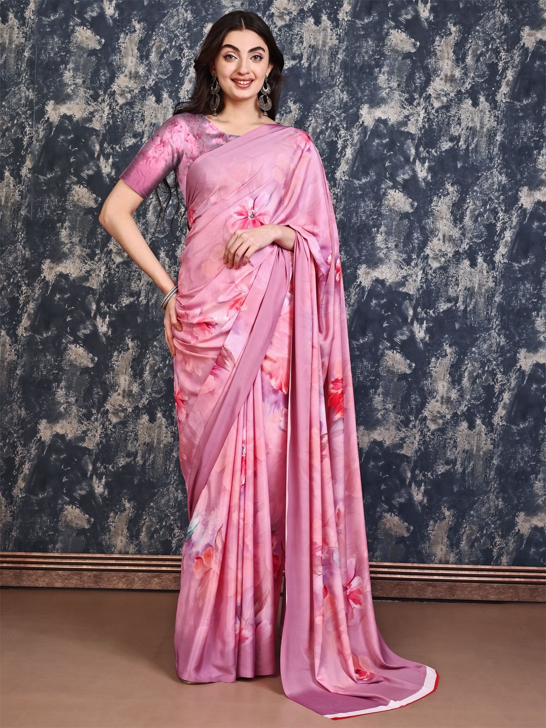 

P D Silk Mills Floral Printed Pure Crepe Saree, Pink