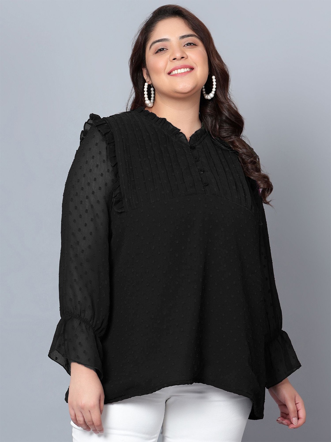 

Indietoga Women Plus Size Self Design Mandarin Collar Top, Black