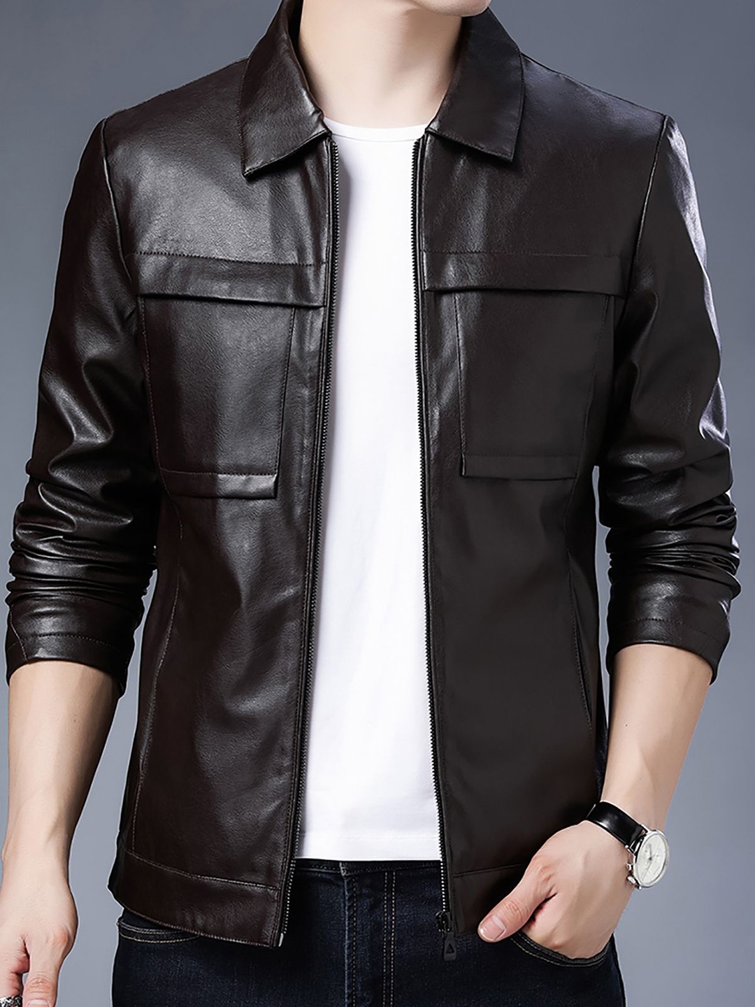 

StyleCast x Revolte Men Spread Collar Solid PU Casual Windcheater Jacket, Brown