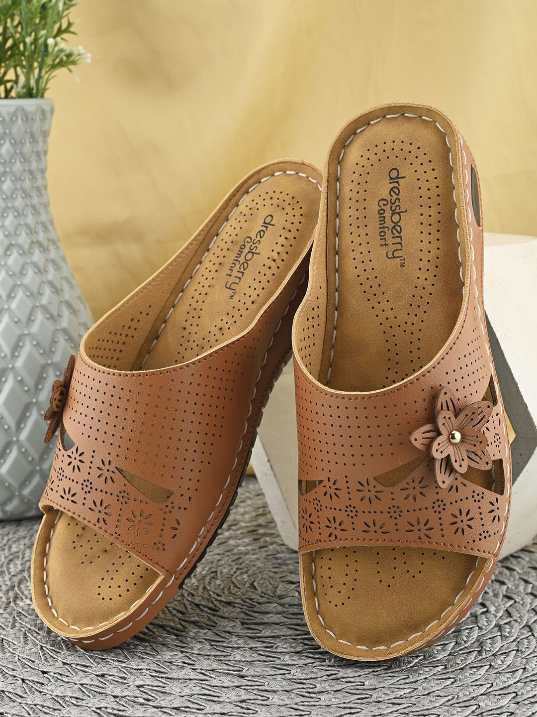 

DressBerry Women Embellished Open Toe Flats with Laser Cuts, Brown