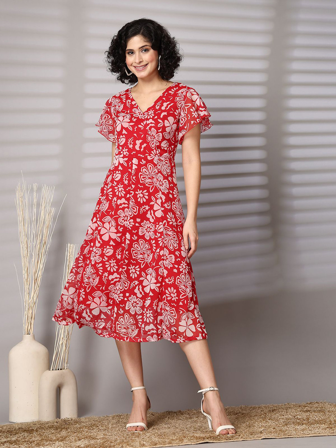 

plusS Women Floral Print Flutter Sleeve Fit & Flare Midi Dress, Red