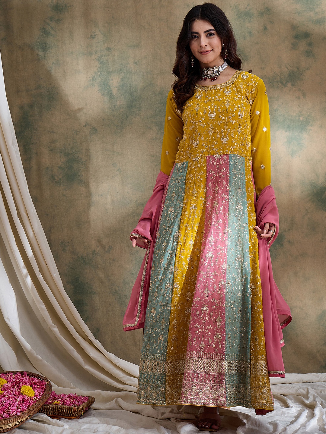 

Miss Ethnik Embroidered Fit & Flared Maxi Ethnic Dress With Dupatta, Yellow