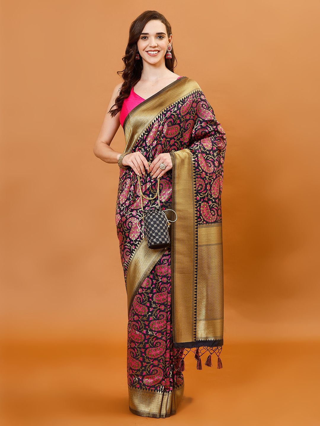 

Meena Bazaar Woven Design Zari Art Silk Saree with unstitched blouse piece, Black