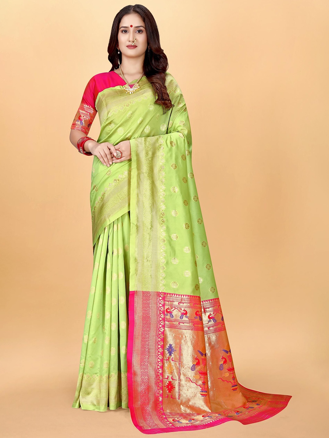 

VenderVilla Woven Design Paithani Saree, Lime green