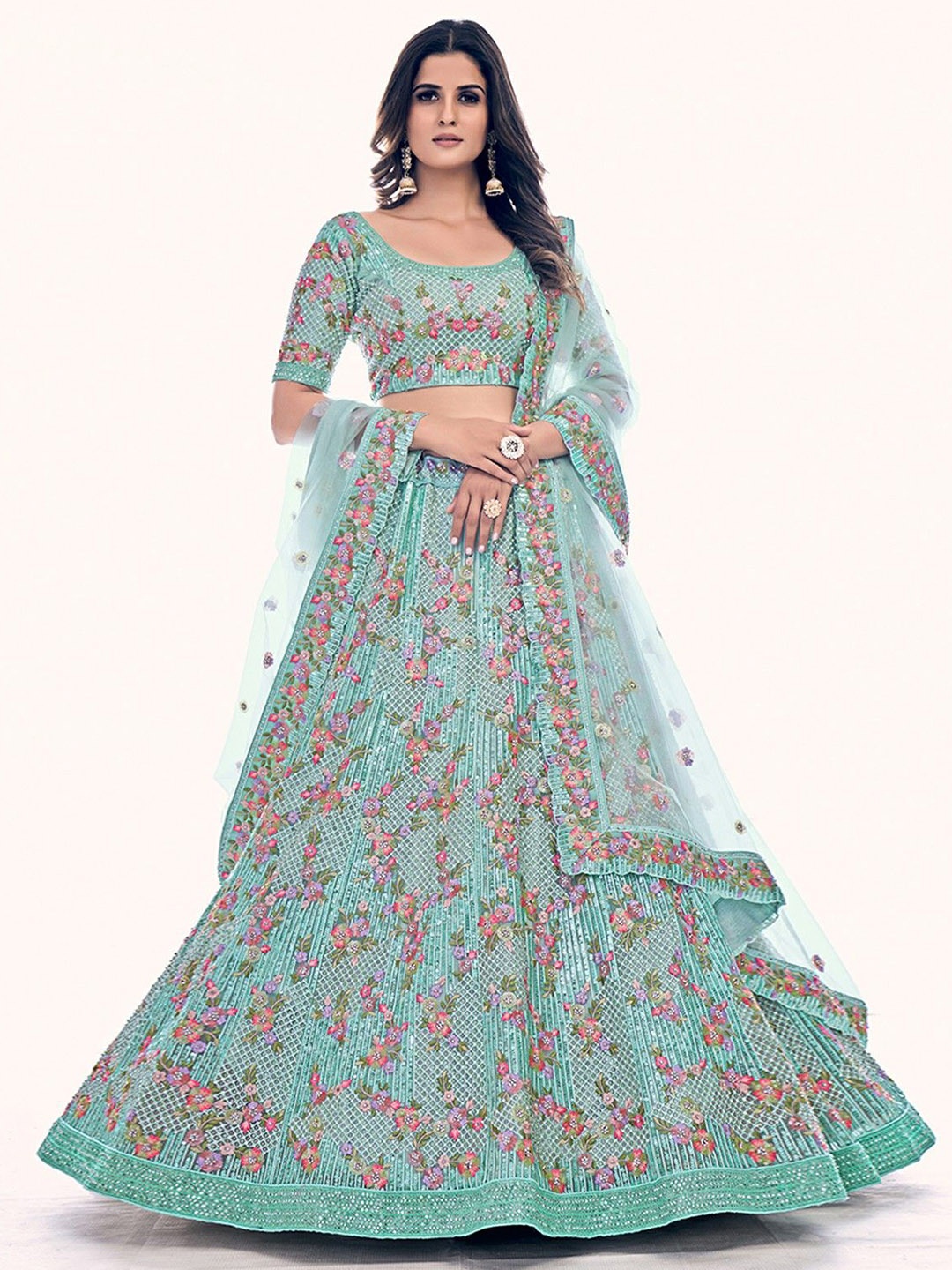 

ODETTE Floral Embroidered Net Semi-Stitched Lehenga & Blouse With Dupatta, Sea green