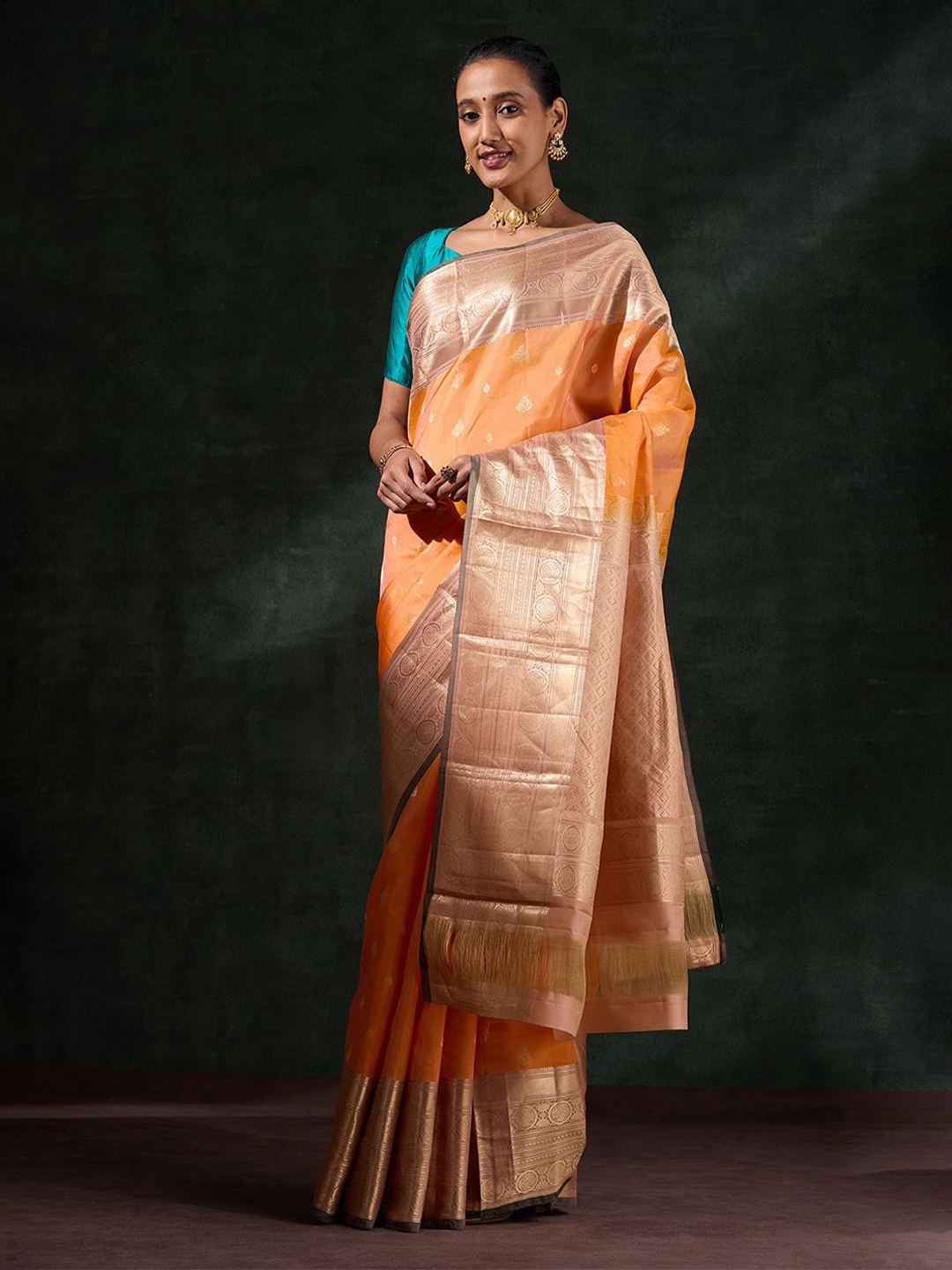 

Taneira Woven Design Zari Pure Silk Kanjeevaram Saree, Orange