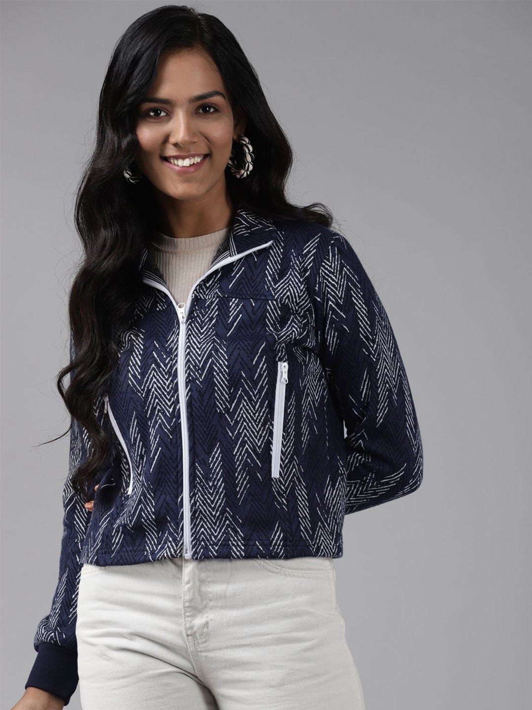 

Cayman Women Chevron Printed Mock Collar Cotton Front-Open Sweatshirt, Navy blue