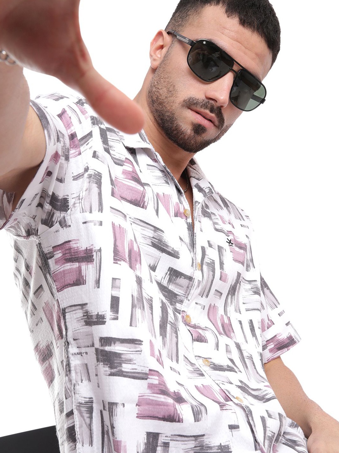 

WROGN Men Cuban Collar Abstract Printed Cotton Casual Shirt, White