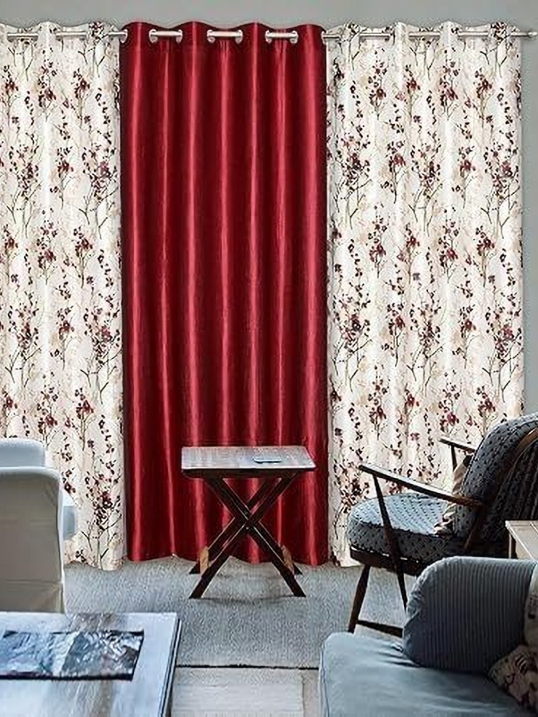 

Banchmark Home Furnishings Maroon & White Set of 3 Floral Long Door Curtain