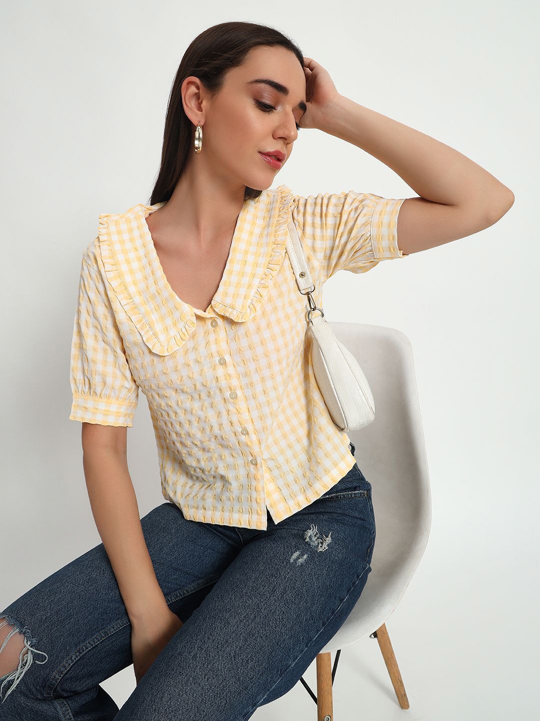 

Sugercandy Women Checked Shirt Collar Top, Yellow