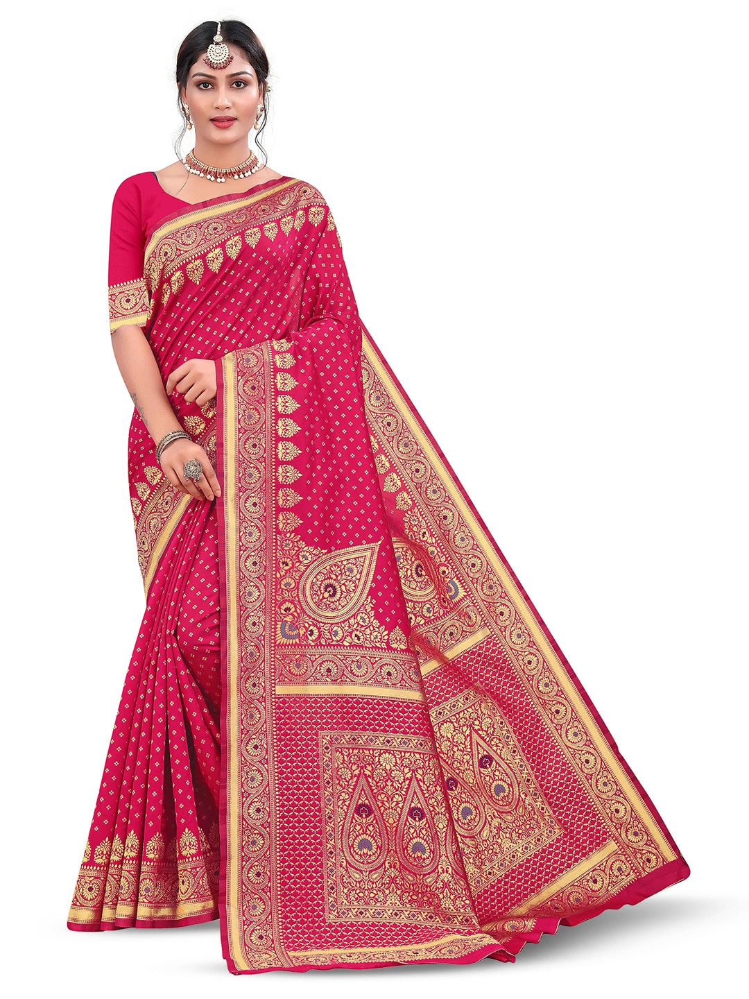 

Maroosh Floral Zari Silk Blend Fusion Banarasi Saree, Pink