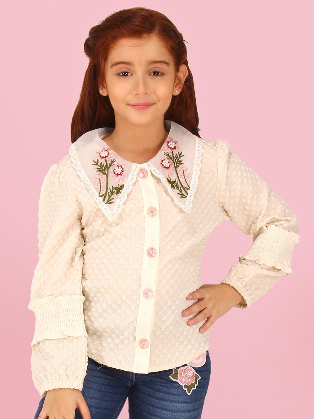 

CUTECUMBER Girls Self Design Shirt Collar Top, Beige