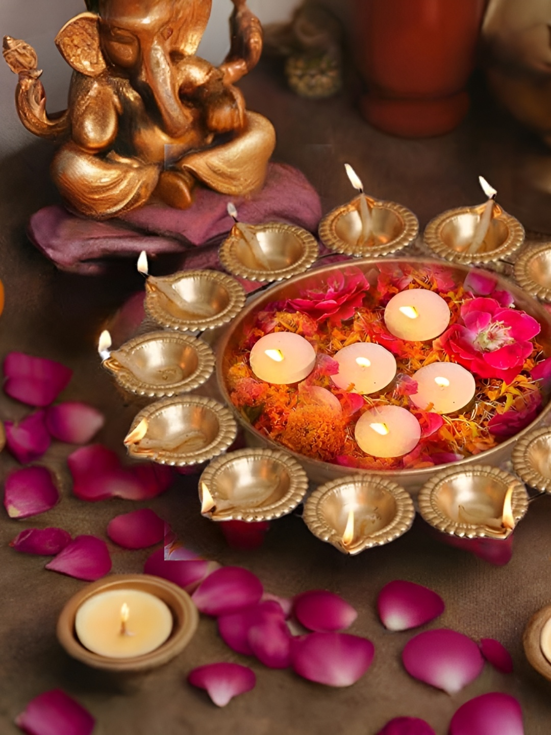 

Special You Textured Metal Diya Decorative Bowl & Tea Light Candles, Gold