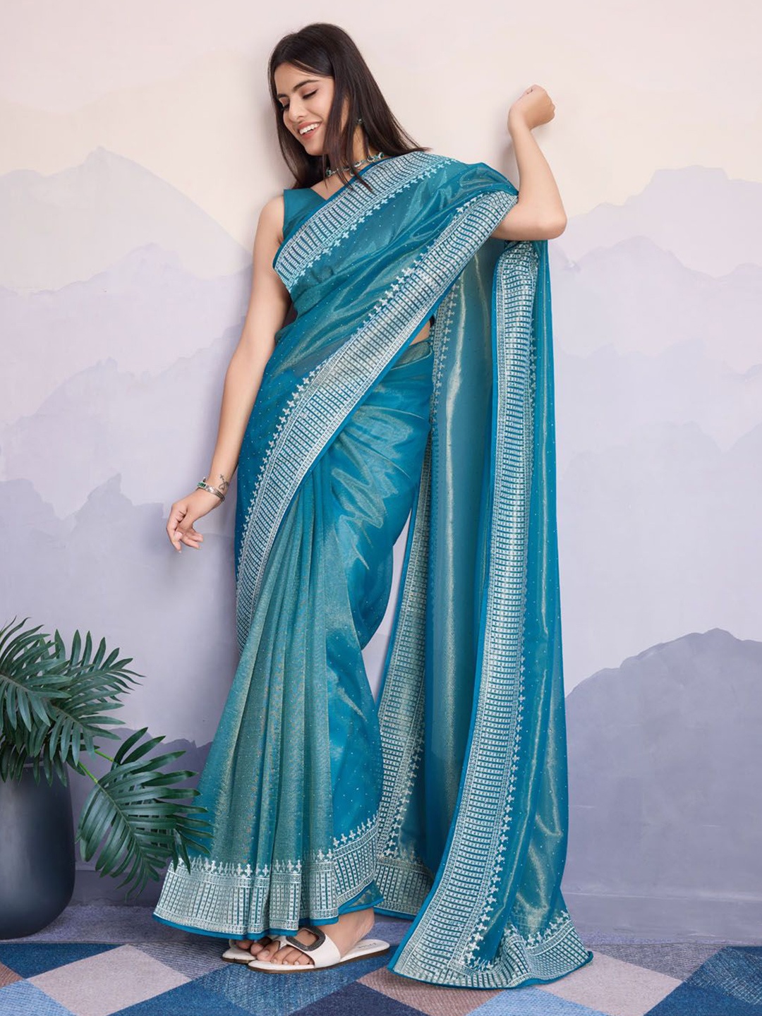 

Meena Bazaar Embellished Embroidered Tissue Saree, Blue
