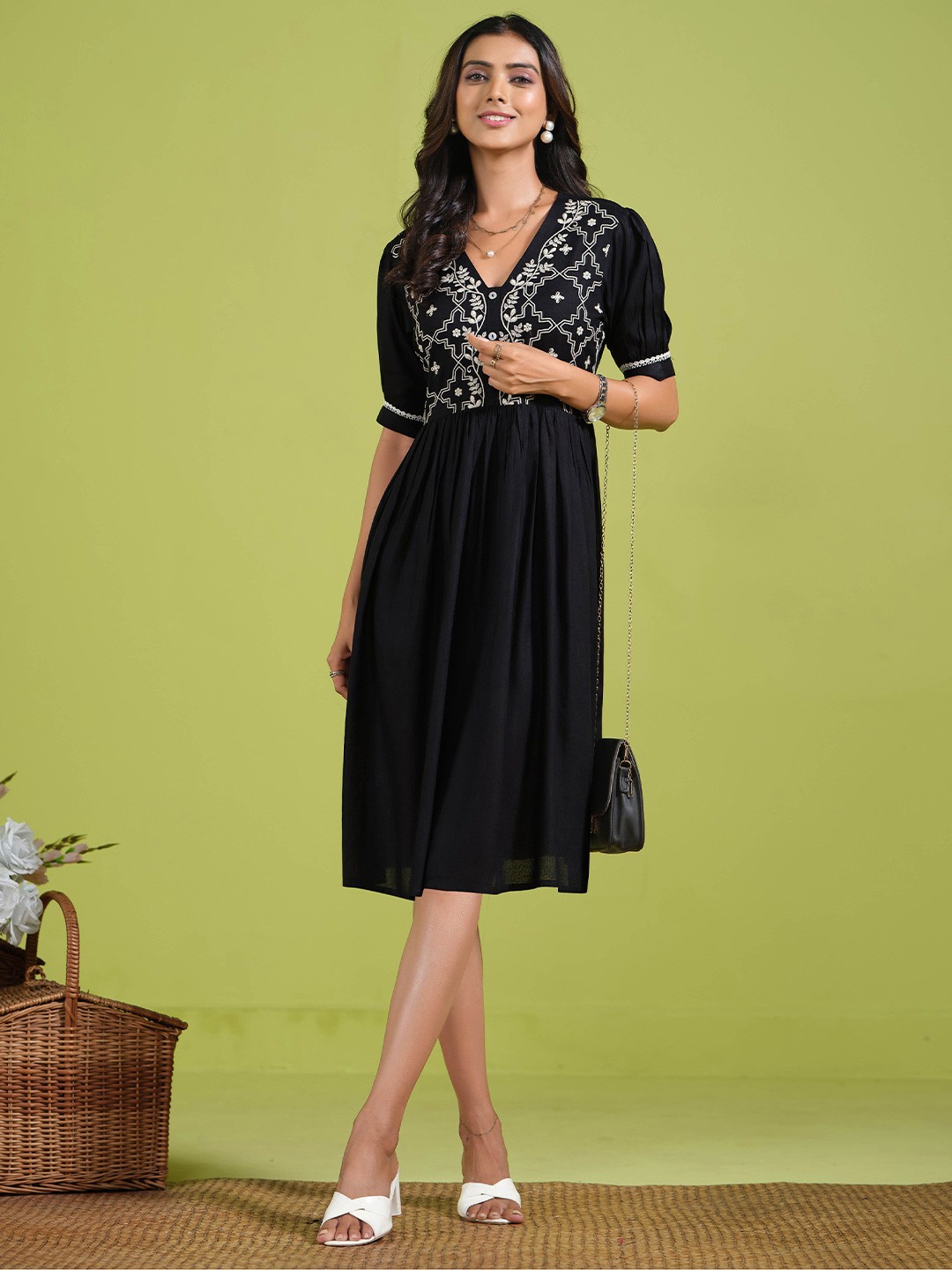 

Sangria Women Embroidered Fit & Flare Knee Length Dresses, Black