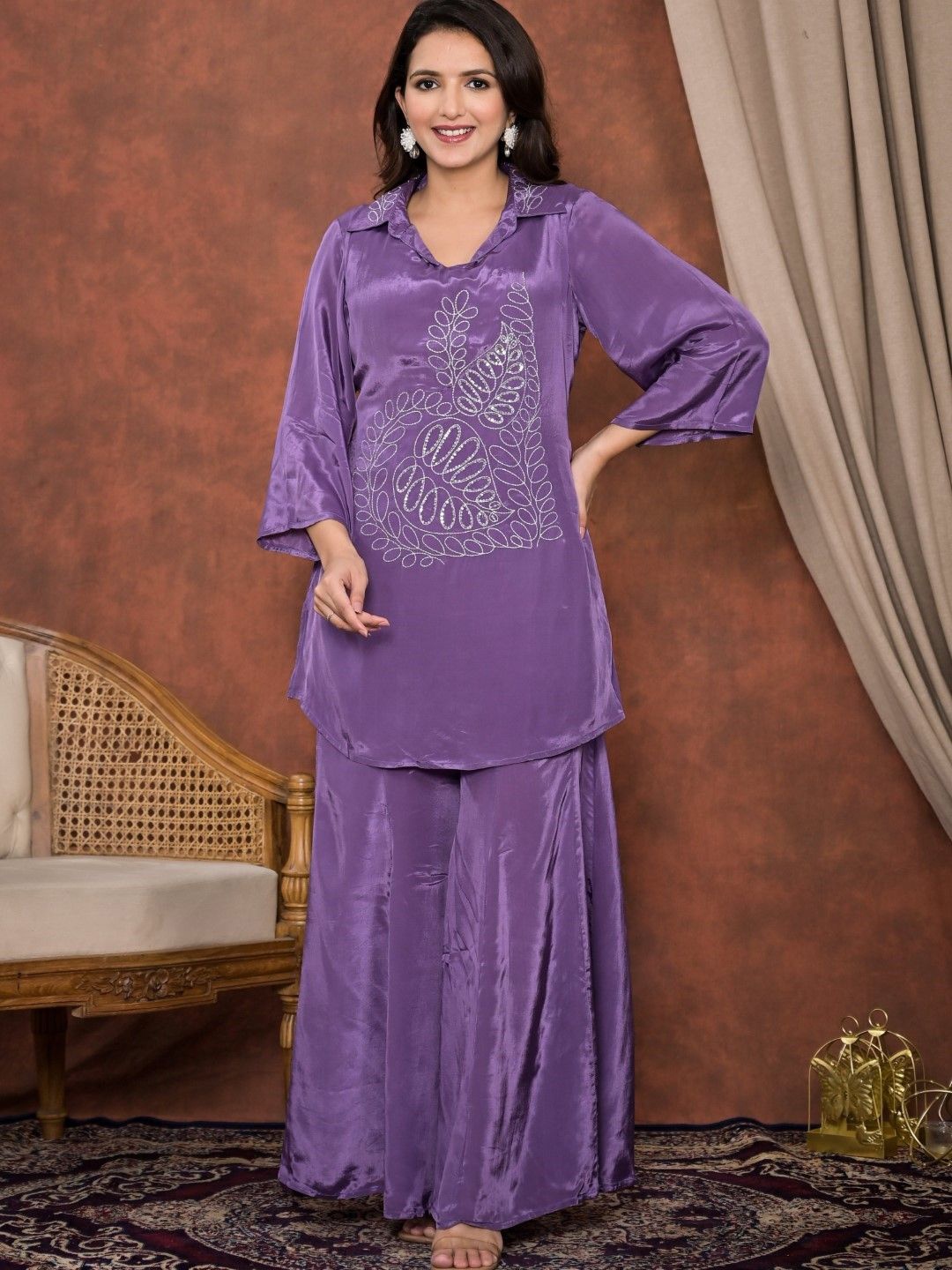 

AUTUMN LANE Embroidered Pure Cotton Kurta with Palazzo Co-Ords, Purple