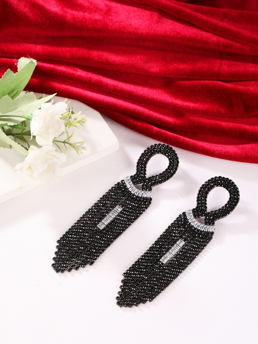 

KPOP Brass-Plated Contemporary Rhinestone Studded Drop Earrings, Black