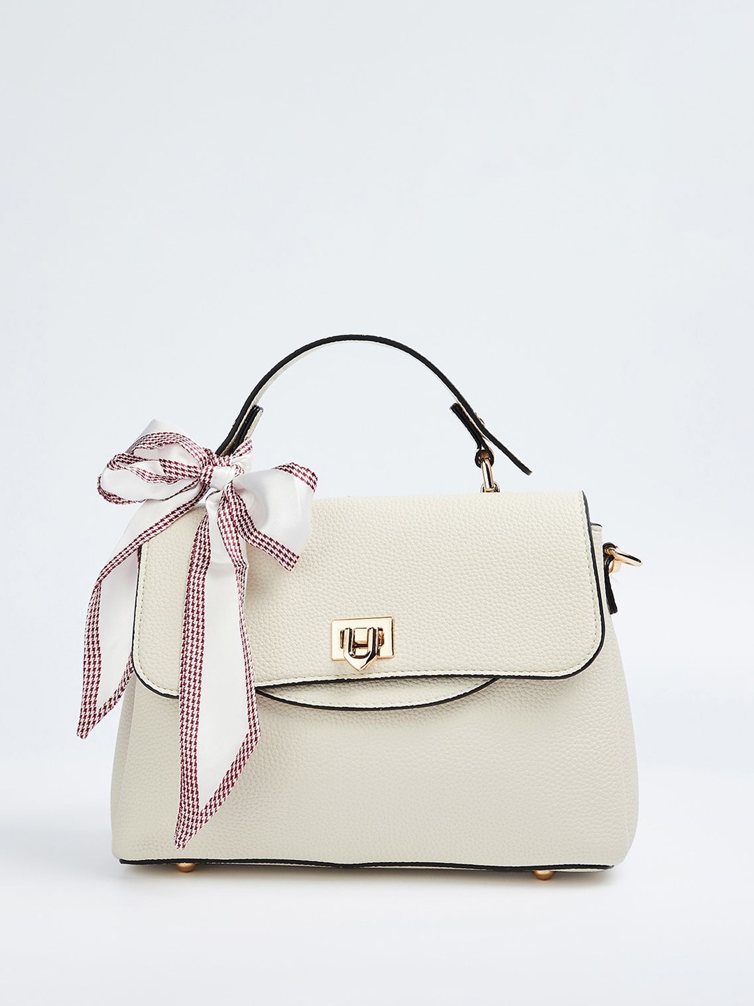 

Ginger by Lifestyle Women Textured Structured Satchel Bag Bow Detail, Off white