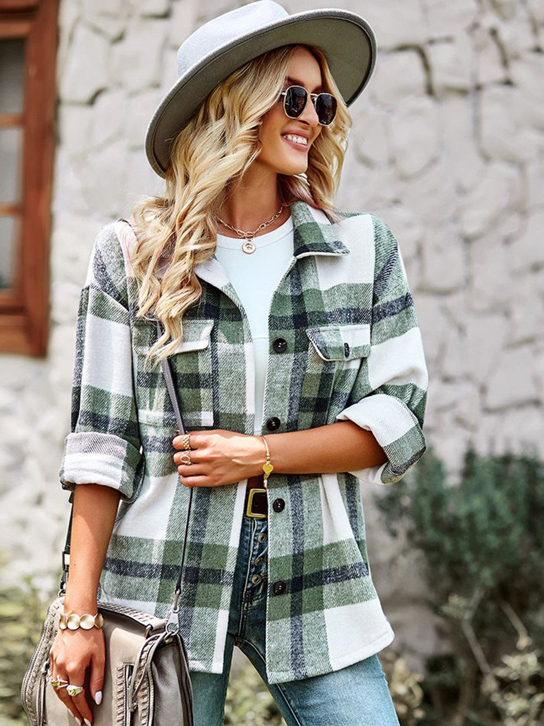 

StyleCast Women Checked Shirt Collar Top, Green