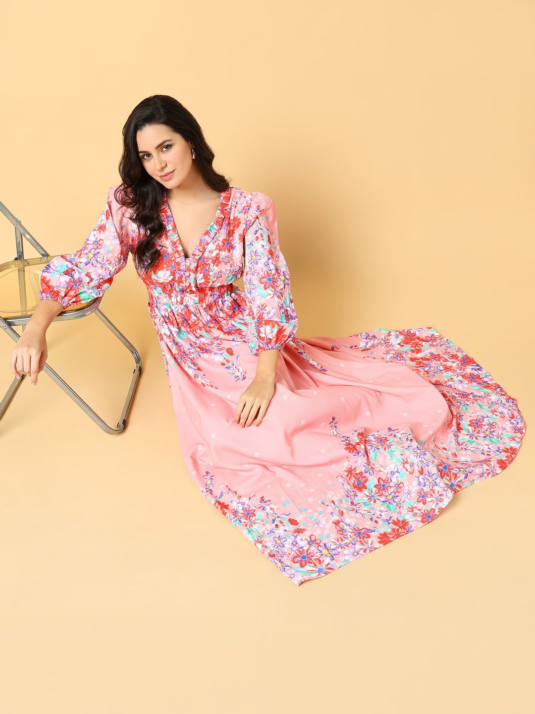 

SHOWOFF Floral Printed Puff Sleeve Ruffled Fit & Flare Maxi Dress, Pink