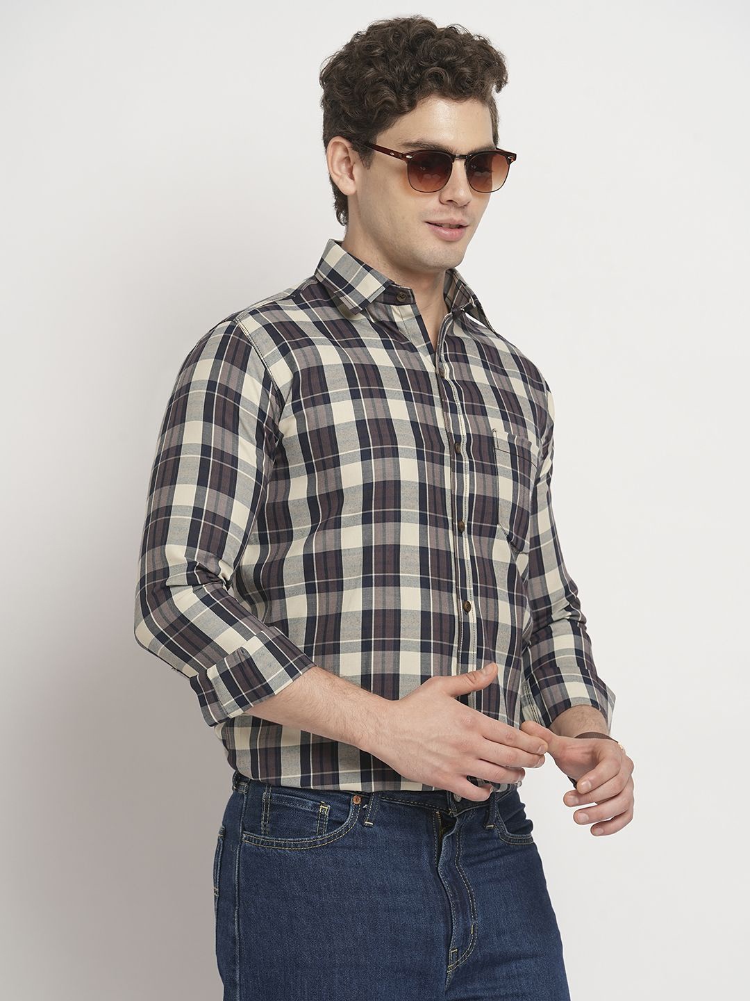 

TRYBUY.IN Men Standard Spread Collar Tartan Checked Cotton Casual Shirt, Navy blue